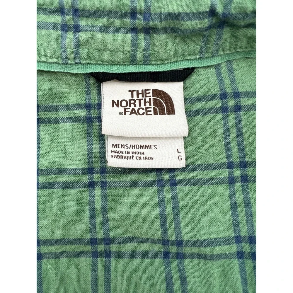 THE NORTH FACE Button Down Shirt Mens Large‎ Green Plaid Hemp Blend Short Sleeve